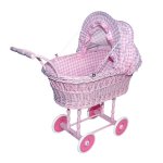 Petitcollin Pink Doll Wicker Pram Deluxe "Vichy Rose"