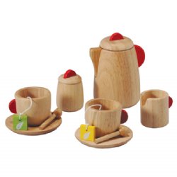 party with this rubber wood tea set from Plan Toys. More details